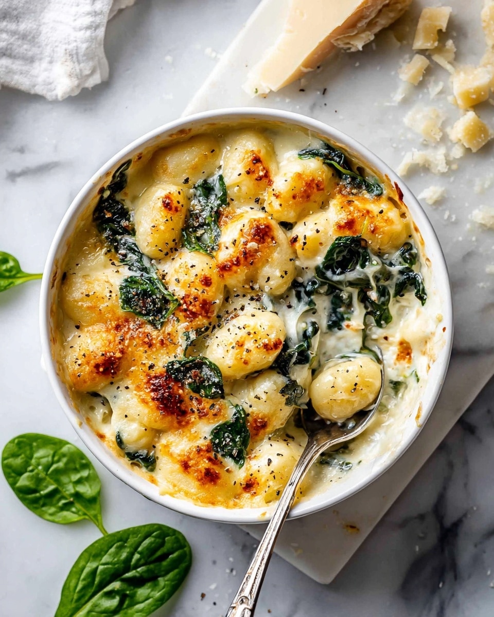A white bowl filled with creamy gnocchi and spinach baked in a golden, bubbly cheese sauce. The dish shows soft, plump gnocchi in a light creamy layer with dark green spinach leaves mixed inside and some fresh bright green spinach leaves on top. The cheesy top layer is browned in spots, giving a slightly crispy texture with specks of black pepper sprinkled across. A silver spoon rests inside, partially scooping the creamy mixture, all set on a white marbled surface with a couple of spinach leaves scattered nearby and some crumbly cheese pieces on a white marble cutting board at the back. Photo taken with an iphone --ar 4:5 --v 7