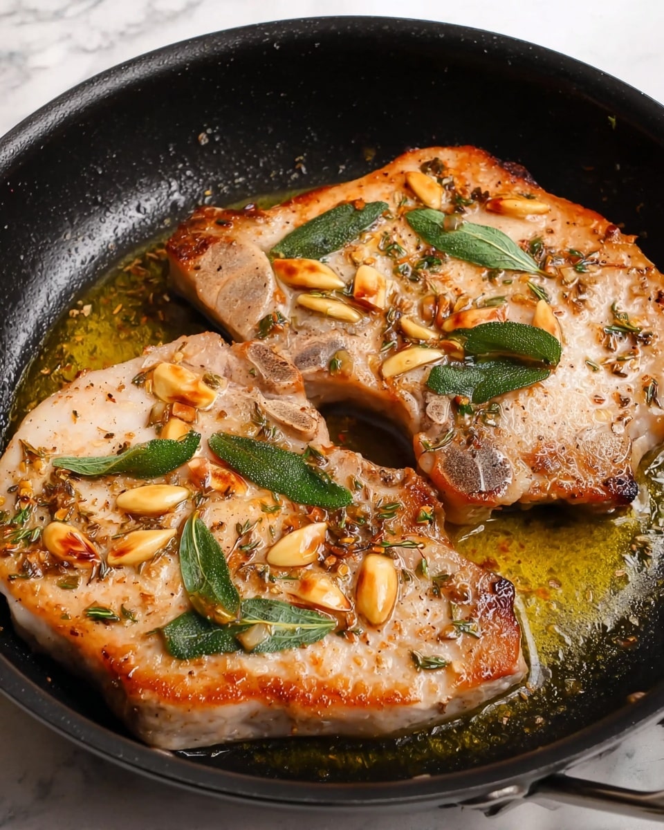 A white plate on a white marbled surface holds a thick piece of cooked pork chop with a bone on the side, showing a golden brown outer layer with visible black pepper and some green herb leaves on top. Underneath the pork chop is a small bed of bright green cooked asparagus spears arranged in a neat line. The pork chop is drizzled with a light brown sauce, and a few slices of golden brown garlic are scattered on top along with fresh green herbs. To the right side, there is a white bowl filled with a yellow liquid garnished with herbs. A gold fork and knife are placed to the left on the white marbled surface, and a blue and white striped cloth and additional green herbs are visible in the background. photo taken with an iphone --ar 4:5 --v 7