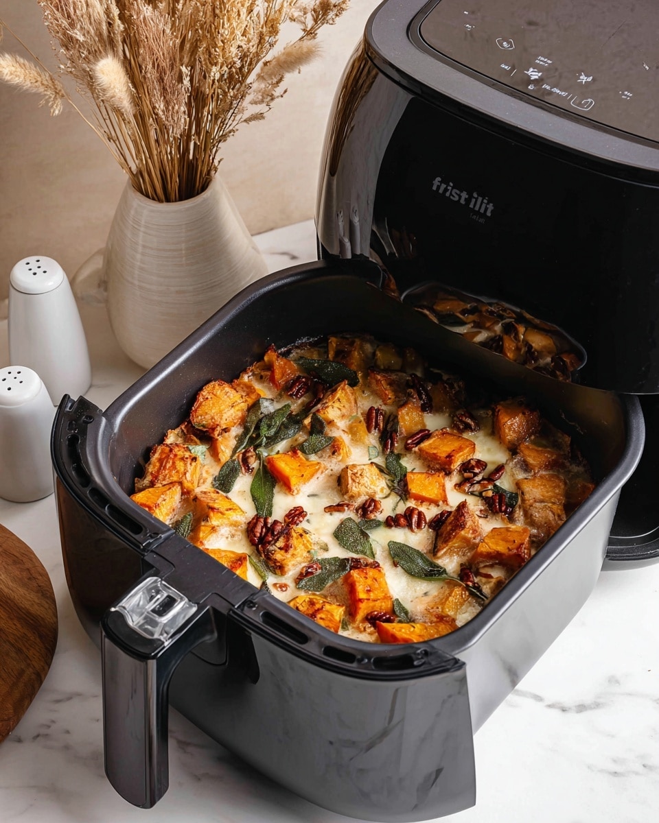 A white bowl holds a dish with about four layers visible: the base layer is soft, golden gnocchi with a light, smooth texture; above that are chunks of browned, crispy orange sweet potato pieces; scattered on top are dark green, slightly wrinkled fried sage leaves; and mixed throughout are small, shiny brown pecan halves adding crunch. The dish is lightly sprinkled with coarse black pepper and has a slight shine from melted cheese or sauce. The bowl is placed on a white marbled surface, with a white cloth and a silver fork nearby. Photo taken with an iphone --ar 4:5 --v 7