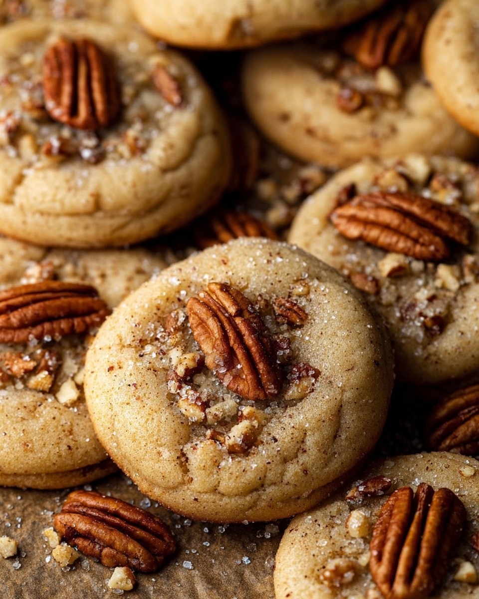 The image shows a close-up of round cookies on a brown baking tray. Each cookie has a golden-brown color with a slightly cracked surface texture. There are small nut pieces sprinkled on top, with one whole pecan nut placed in the center of each cookie. The cookies have a soft and thick look, slightly raised in the middle. A few pecan pieces are scattered around the tray. The background is a white marbled texture. Photo taken with an iphone --ar 4:5 --v 7