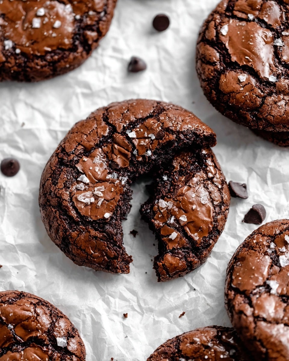 The image shows several rich, dark brown chocolate cookies with a cracked, shiny top texture sprinkled with small white salt flakes. One cookie in the center has a bite taken out of it, revealing a moist, soft, and dense dark chocolate inside. The cookies are arranged on a white marbled surface with small chocolate chips scattered around them. Photo taken with an iphone --ar 4:5 --v 7