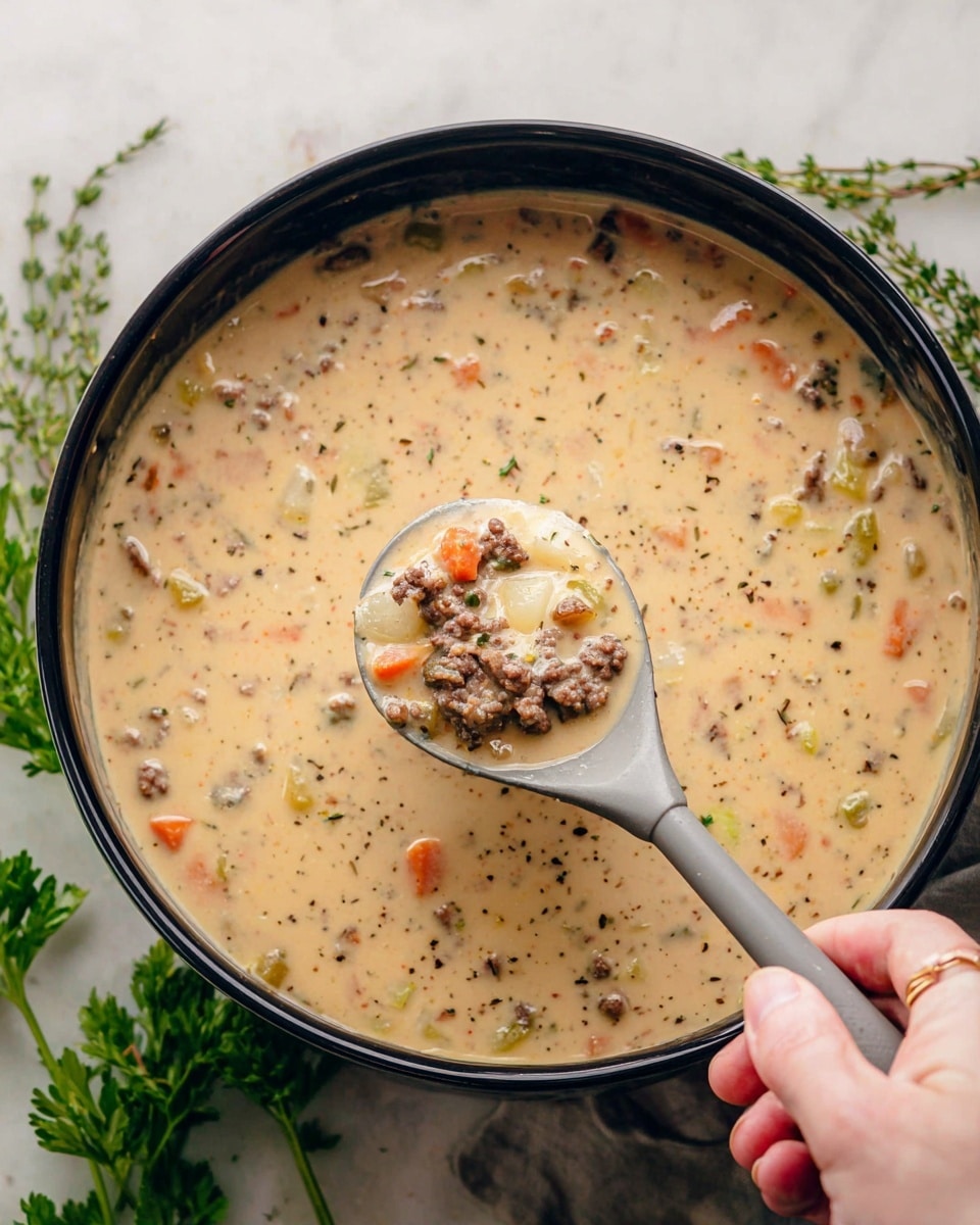 A bowl of creamy soup with a thick texture filled with multiple layers: light beige broth base, chunks of soft yellow potatoes, small orange carrot pieces, brown browned sausage bits, and green herb leaves sprinkled on top. A silver spoon rests inside the bowl on the right side. The bowl is white and sits on a white marbled surface with some green parsley and orange pumpkin visible in the background. photo taken with an iphone --ar 4:5 --v 7