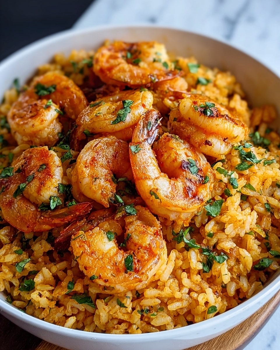A white bowl filled with two main layers: the bottom layer is a bed of cooked yellow-orange rice with a slightly oily texture, mixed with small green herbs scattered across. The top layer consists of several bright orange shrimp, curled with visible segments and a slightly shiny surface, also sprinkled with green herbs. The bowl sits on a white marbled surface. photo taken with an iphone --ar 4:5 --v 7