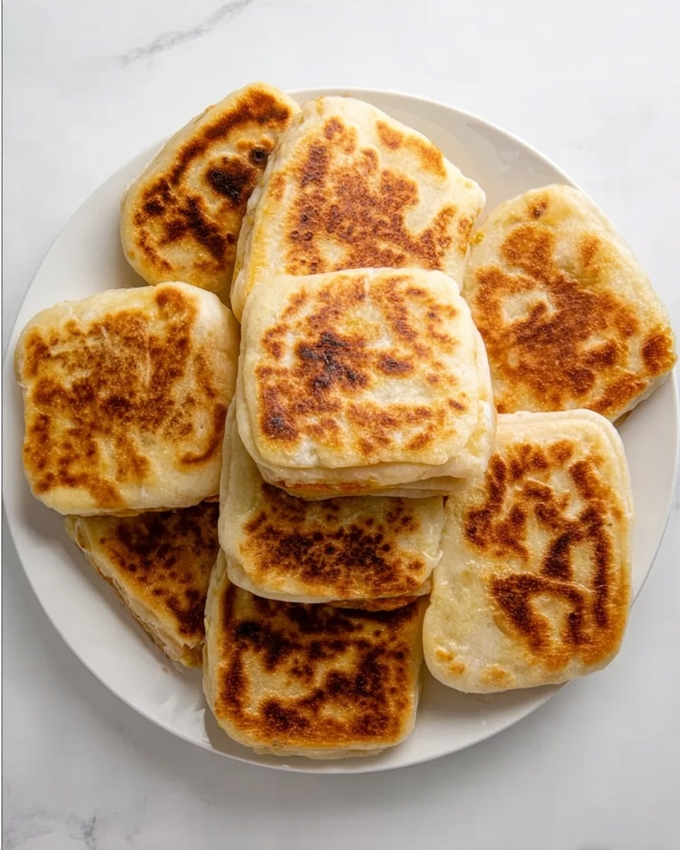 A close-up of a woman's hand holding a square-shaped flatbread sandwich cut in half. The sandwich has a golden-brown crispy outer layer with some darker brown grilled spots. Inside, there are two visible layers: a melted creamy yellow cheese layer mixed with small green and orange vegetable pieces, and a thicker yellowish filling with chunks of vegetables and herbs. The sandwich rests on more flatbreads with similar golden-brown crispiness on a white marbled surface. Photo taken with an iphone --ar 4:5 --v 7