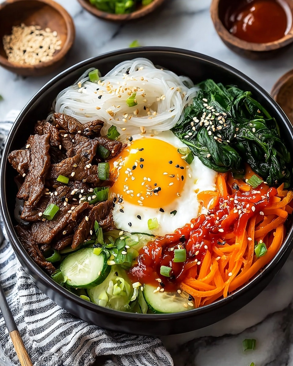 The image shows a black bowl filled with a colorful layered dish. Starting from the top left, there are dark brown slices of cooked beef placed next to a bright yellow fried egg with a shiny yolk in the center, sprinkled with white sesame seeds. To the right of the egg, there is a pile of dark green cooked spinach topped with brown sauce and sesame seeds. Below the spinach, vibrant white shredded radish is arranged in a neat heap. At the bottom center, there are small glossy brown mushrooms next to bright green chopped cucumbers. To the left, bright orange julienned carrots complete the circle. The bowl rests on a white marbled surface, with wooden chopsticks placed beside it. photo taken with an iphone --ar 4:5 --v 7