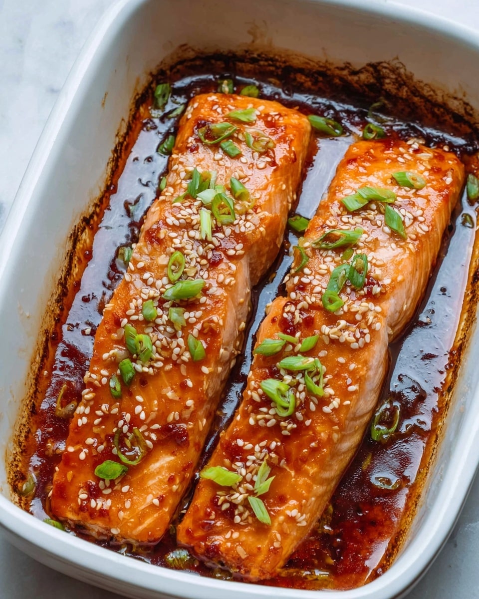 The image shows two cooked salmon fillets resting side by side in a white rectangular dish, each fillet glazed with a shiny, reddish-brown sauce that pools slightly under the fish. The top of the salmon is sprinkled evenly with light beige sesame seeds and small bright green scallion rings. The edges of the dish have some darker caramelized sauce marks, adding texture contrast to the glossy fillets. The fillets have a tender flaky texture visible beneath the sauce, and the dish sits on a white marbled surface. photo taken with an iphone --ar 4:5 --v 7