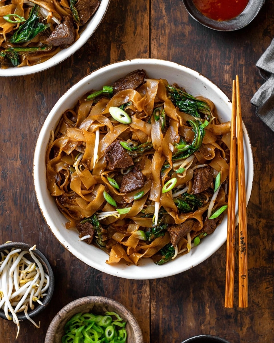 A large white oval plate holds a stir-fried dish with three main layers: wide flat brown noodles forming the base with a slightly shiny and oily texture, dark brown cooked beef pieces scattered evenly on top that look tender and juicy, and fresh green scallions sliced into small rings sprinkled all over along with thin white bean sprouts adding some light color and crunch. The plate is set on a white marbled surface, with wooden chopsticks resting on a gray cloth napkin beside it, and some small bowls with red sauce, sliced scallions, and bean sprouts in the background. Photo taken with an iphone --ar 4:5 --v 7