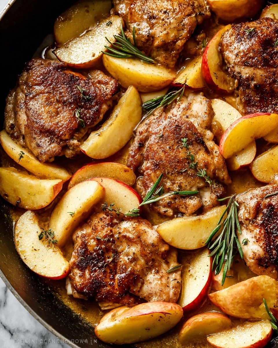 This image shows a close-up of a cooked dish in a pan, featuring six browned pieces of chicken, each with a slightly crispy, textured surface with a mix of light and dark brown colors. Mixed around and on top of the chicken are many slices of cooked apple wedges, showing a warm golden-yellow color with red edges and a soft texture. Small green sprigs of rosemary are scattered throughout for garnish, adding a touch of fresh green color. The dish has a slight shine from a light sauce or oil pooling at the bottom. The background is a white marbled texture visible around the pan. photo taken with an iphone --ar 4:5 --v 7