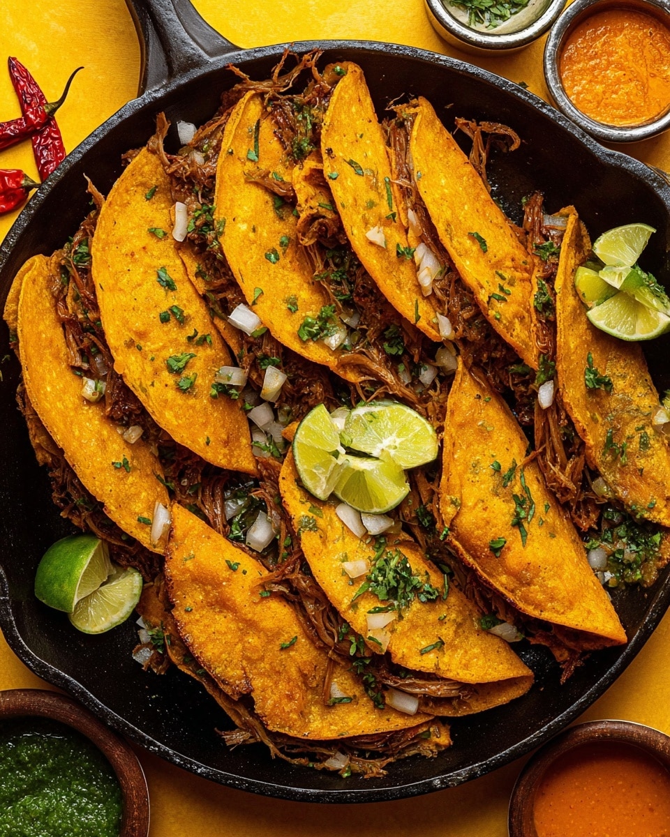 A black skillet filled with about ten folded tacos with golden-orange tortillas that have a slightly crispy and oily texture. Inside each taco, there is shredded meat mixed with small pieces of white onion and green chopped herbs. Scattered throughout the tacos are wedges of bright green lime. Around the skillet, there are small bowls of green and orange sauces and some whole red chilies, all set on a bright yellow surface. The photo taken with an iphone --ar 4:5 --v 7