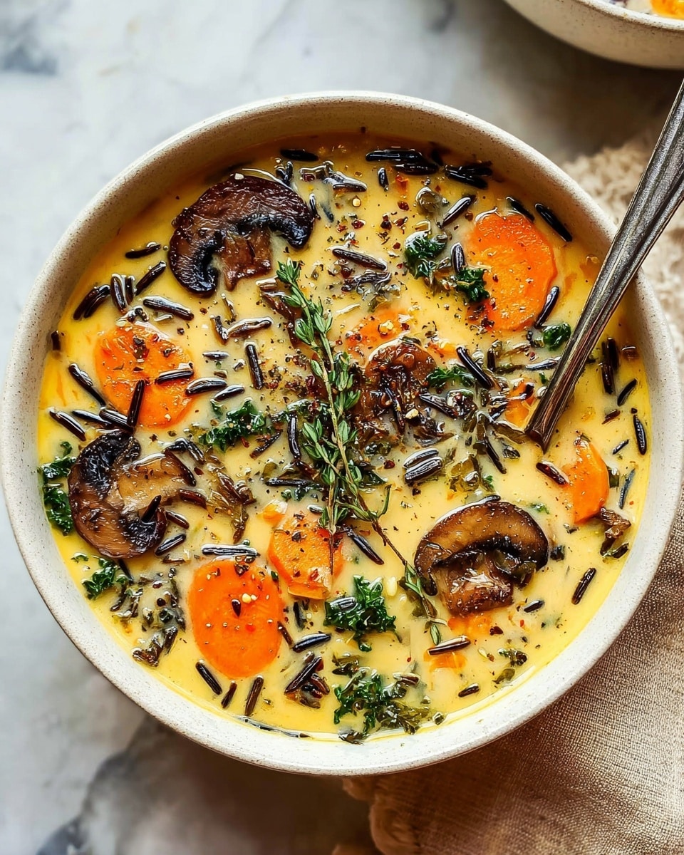 A white bowl with a speckled brown rim holds a creamy soup filled with several layers of ingredients. The base layer is a thick, light beige broth that looks smooth and rich. Floating in the broth are bright orange carrot slices, dark brown mushroom pieces with a shiny texture, and dark green leafy kale scattered evenly. There are also long, thin black grains of wild rice spread throughout the soup. A silver spoon rests inside the bowl on the right side, partially covered by the soup. The bowl is placed on a white marbled surface with soft natural light. Photo taken with an iphone --ar 4:5 --v 7