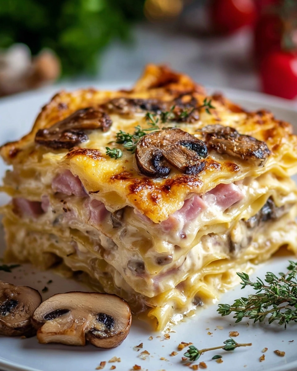 A close-up of a four-layer lasagna slice sits on a white plate on a white marbled surface. The layers alternate with light yellow pasta sheets, creamy white cheese sauce mixed with small mushroom pieces, and pink ham slices. The top layer is browned and bubbly cheese with golden edges, decorated with browned mushroom slices and a few green thyme sprigs. Around the plate, there are a few sautéed mushroom slices and a small green herb for garnish. The background is softly blurred with green and red colors. Photo taken with an iphone --ar 4:5 --v 7