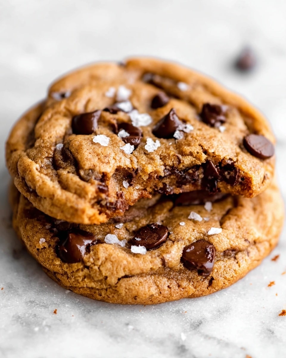 A close-up view of a single large cookie resting on white parchment paper over a white marbled surface, showing two layers: the top layer is golden brown with a slightly rough texture and is covered with scattered glossy dark chocolate chips, some melted, while the bottom layer is a darker brown, soft and chewy, with visible melted chocolate oozing out from a bite taken at the edge. Small flakes of sea salt are sprinkled unevenly over the top chocolate chips. The focus is on the bitten side of the cookie. Photo taken with an iphone --ar 4:5 --v 7