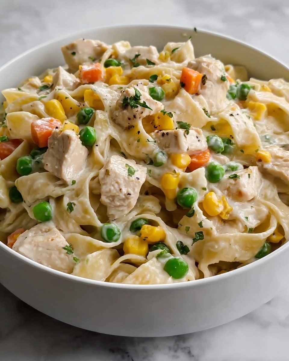 This image shows a white bowl filled with a creamy pasta dish. The pasta noodles are light yellow and covered in a thick, smooth cream sauce. Mixed in are small green peas, yellow corn kernels, and orange carrot pieces evenly spread throughout. There are also chunks of tender chicken in the dish, coated with sauce and scattered on top. The bowl sits on a white cloth on a white marbled surface, with a blurred background showing a stack of white plates and a white pot with green leafy plants and white flowers. The colors and textures of the food are rich and inviting. photo taken with an iphone --ar 4:5 --v 7