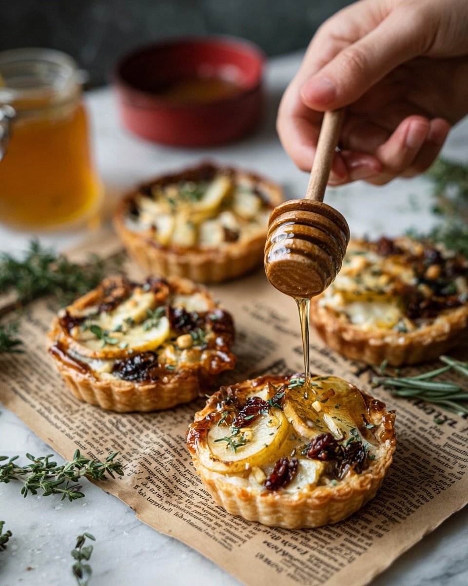 The image shows four small round tarts with golden, flaky crusts placed on pieces of old newspaper on a white marbled surface. Each tart has visible layers of melted cheese, slices of pale yellow pear, dark bits that look like sun-dried tomatoes, and some green herbs sprinkled on top. A woman's hand is holding a wooden honey dipper, dripping golden honey over the tart in the middle. Fresh green sprigs of rosemary and thyme are scattered around the tarts. In the background, there is a small jar of honey and a red bowl, both out of focus. The light is natural and soft, highlighting the textures and colors of the tarts and honey. Photo taken with an iphone --ar 4:5 --v 7