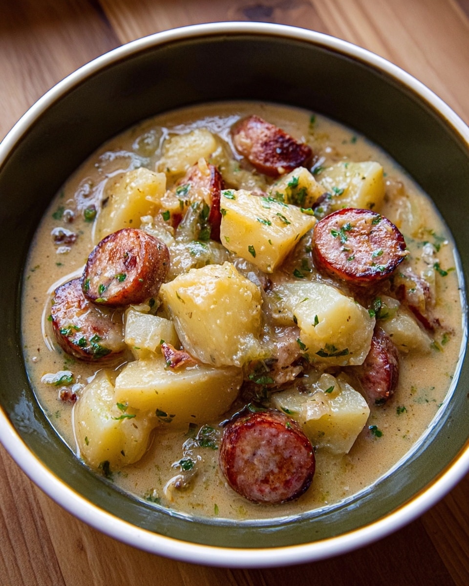 A thick stew is served in a white bowl with a dark rim, filled with chunky pieces of light beige potatoes and browned sausage slices, all mixed in a creamy, slightly greenish sauce with visible bits of herbs and small flecks of black pepper. The stew looks hearty and textured, with a rustic spoon lifting a portion from the bowl. The bowl is placed on a white marbled surface, and in the background, there is a dark pot with more stew and sausages, slightly out of focus. The image has a warm and cozy feel. photo taken with an iphone --ar 4:5 --v 7