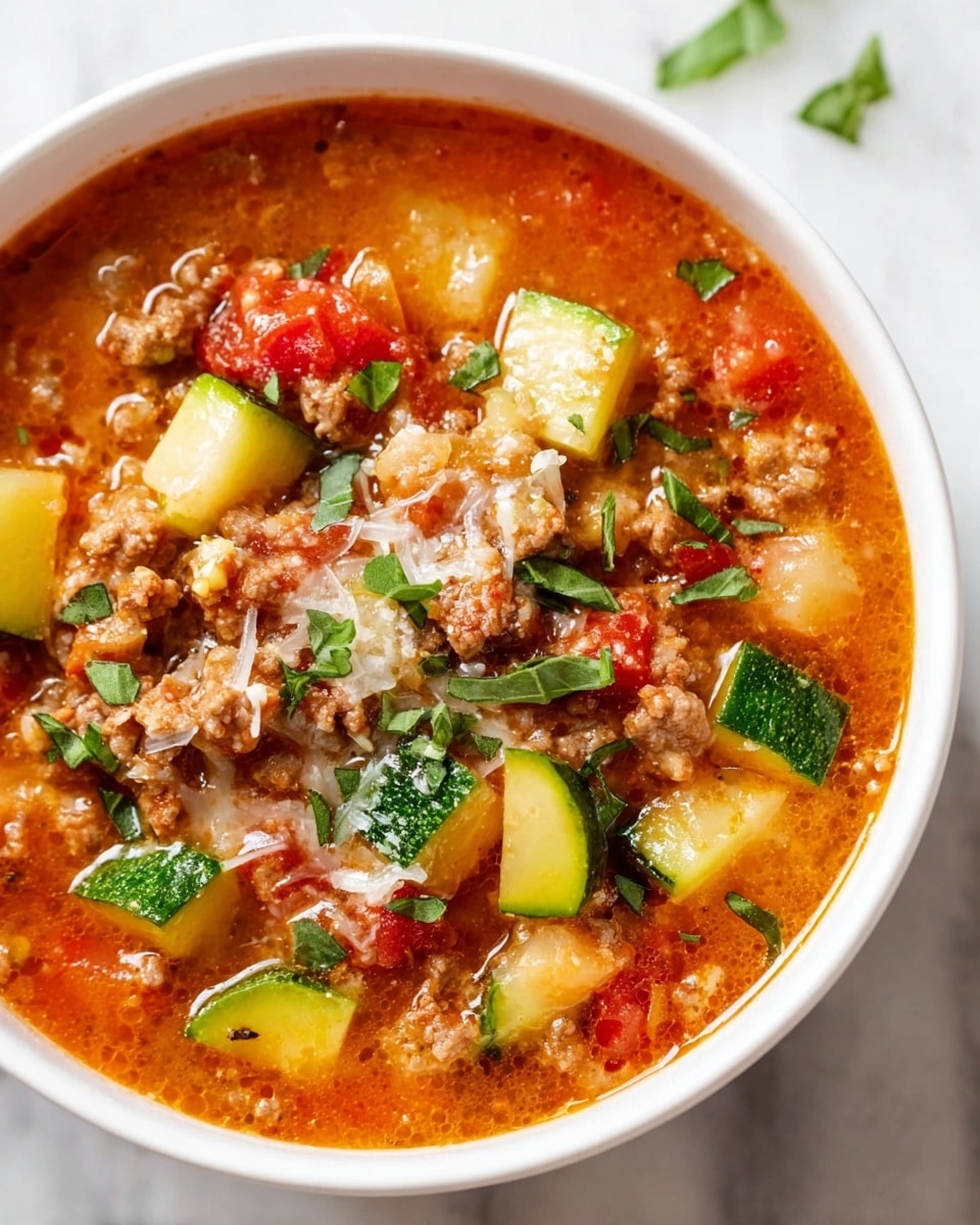 A close-up view of a bowl filled with a vibrant soup featuring chunky ground meat browned and scattered through the mix, bright green zucchini pieces cut into small cubes, and red tomato chunks adding pops of color throughout the orange-red broth. Fresh chopped green herbs are sprinkled on top along with small shreds of pale white cheese, lightly melting into the soup. The white bowl sits on a white marbled surface, and the overall image captures the warm, hearty texture and colorful ingredients of the dish. Photo taken with an iphone --ar 4:5 --v 7