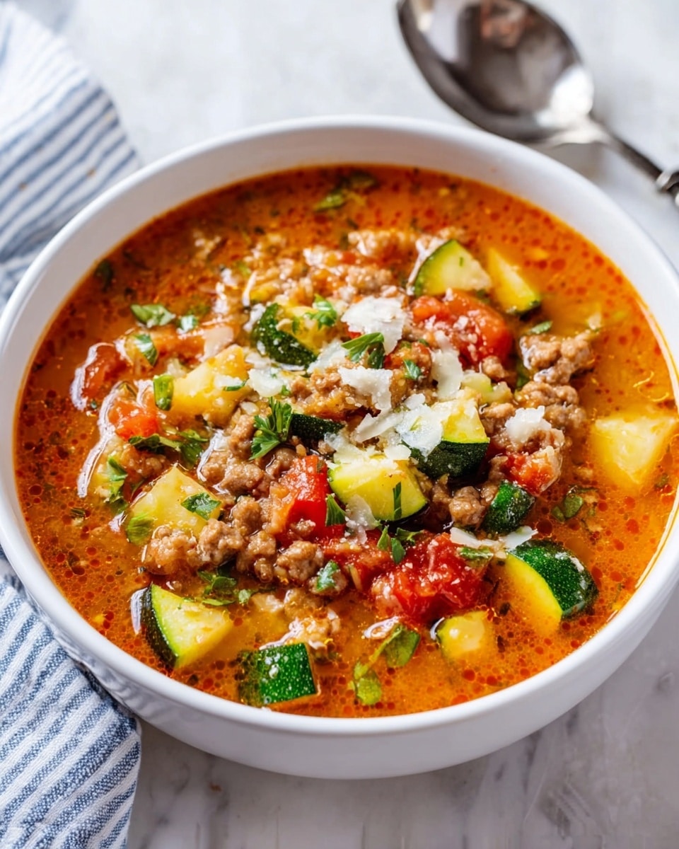 A white bowl filled with a rich red-orange soup sits on a white marbled surface. The soup has several layers: the base is a smooth, slightly oily red broth, floating with small chunks of cooked ground meat that are light brown with a coarse texture. Mixed throughout are vibrant pieces of diced yellow and green vegetables, likely squash or zucchini, adding bright pops of color. On top, finely chopped green herbs create a fresh, textured layer. The bowl rests on a white plate, and a silver spoon with a textured handle lies beside it on the surface. Photo taken with an iphone --ar 4:5 --v 7