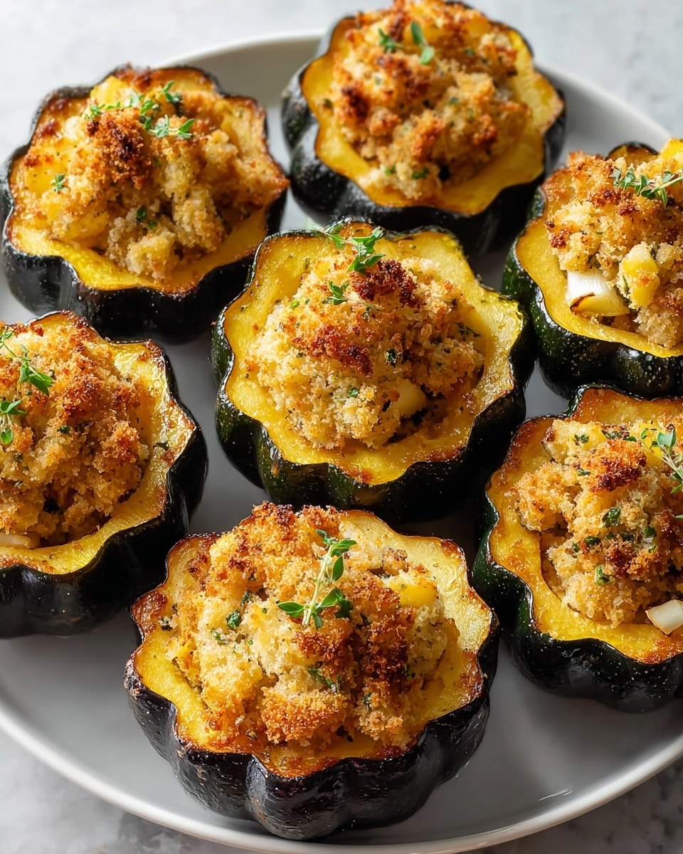 The image shows a dark green acorn squash cut in half and hollowed out, filled with a golden brown crumbly mixture that has small pieces of green and yellow vegetables, giving it a textured, slightly crisp top. The filling is piled high, almost overflowing, and topped with a small sprig of fresh green rosemary for garnish. The squash sits on a simple white plate with a speckled design, placed on a white marbled surface in soft natural light. In the background, blurred similar stuffed squashes are visible, creating a warm, inviting feel. Photo taken with an iphone --ar 4:5 --v 7