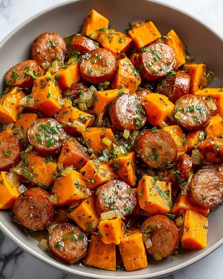Sheet Pan Sausage and Sweet Potatoes with Honey Garlic Sauce Recipe