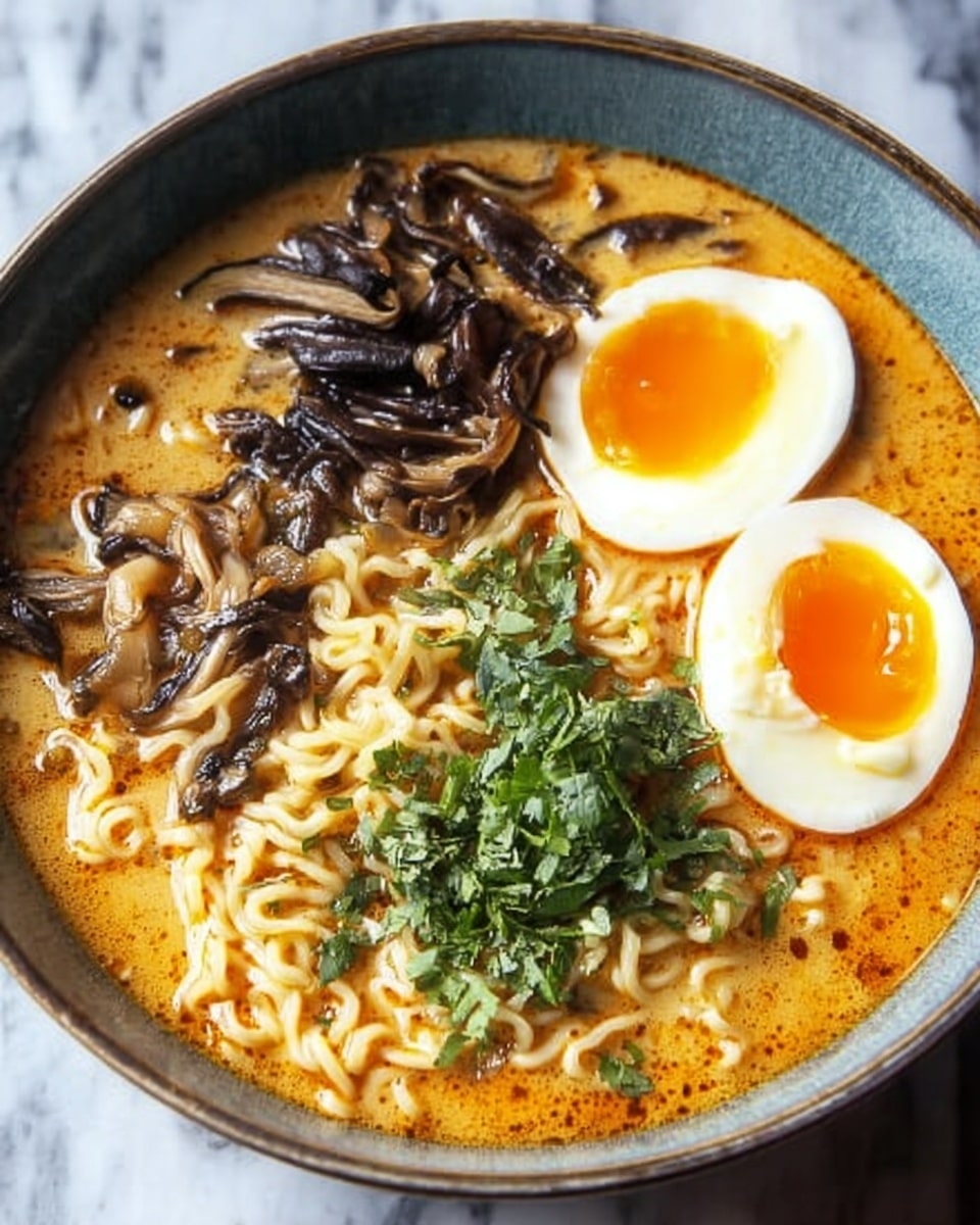 A deep bowl filled with light orange broth with thin, curly noodles visible under the soup surface. Two halves of a soft-boiled egg with slightly runny yolks float on one side, while dark brown strands of mushrooms sit close to the eggs. Bright green chopped herbs are scattered over the noodles near the center, adding contrast to the dish. The bowl itself is a muted blue-grey color and sits on a white marbled surface. The photo taken with an iphone --ar 4:5 --v 7