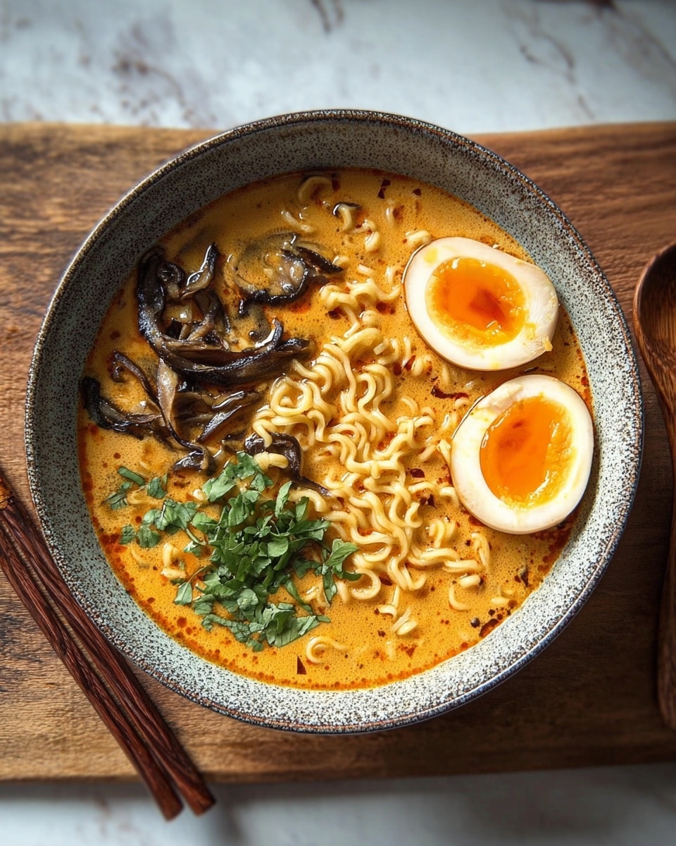 The image shows a deep bowl with a light brown rim, filled with a rich, creamy orange broth. Inside, there are many curly yellow noodles that fill most of the bowl. On the left side, there is a small pile of dark brown, thin mushroom strips, and just beside them, some light tan cabbage leaves. Two halves of a soft-boiled egg with bright orange yolks and white edges sit near the top. Fresh, chopped green herbs are sprinkled in the center on top of the noodles, adding a fresh contrast to the warm colors. The bowl sits on a wooden board, with chopsticks and a spoon on a white marbled surface in the background. photo taken with an iphone --ar 4:5 --v 7