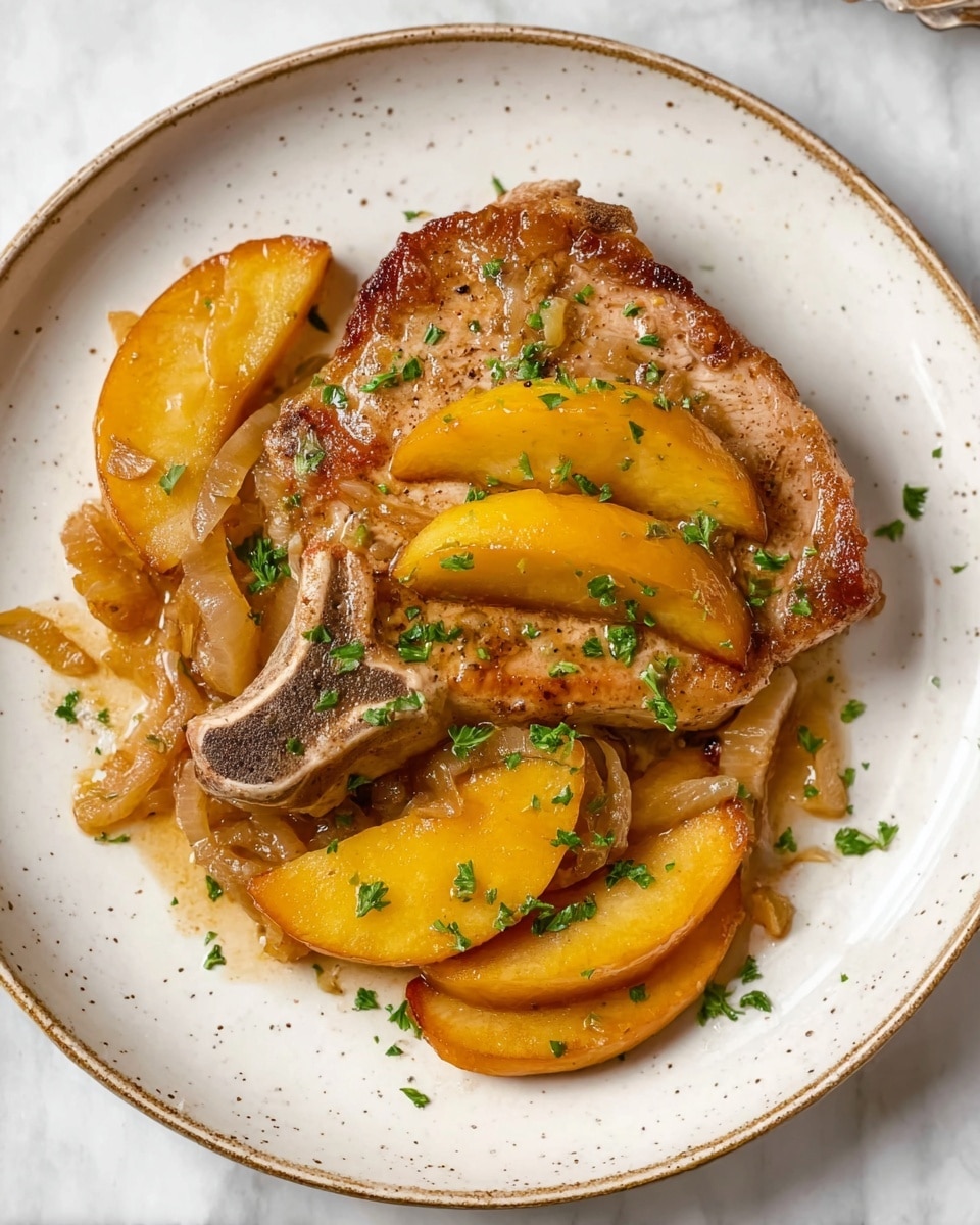 A single pork chop lies in the center of a white plate with subtle speckles, topped with several caramelized apple slices in a warm golden yellow color. The pork chop is lightly browned with a juicy texture and visible seasoning. Around and on top of the pork chop, there are soft, golden-brown cooked onion slices mixed with chopped green herbs sprinkled across the dish. The white plate sits on a white marbled surface. photo taken with an iphone --ar 4:5 --v 7