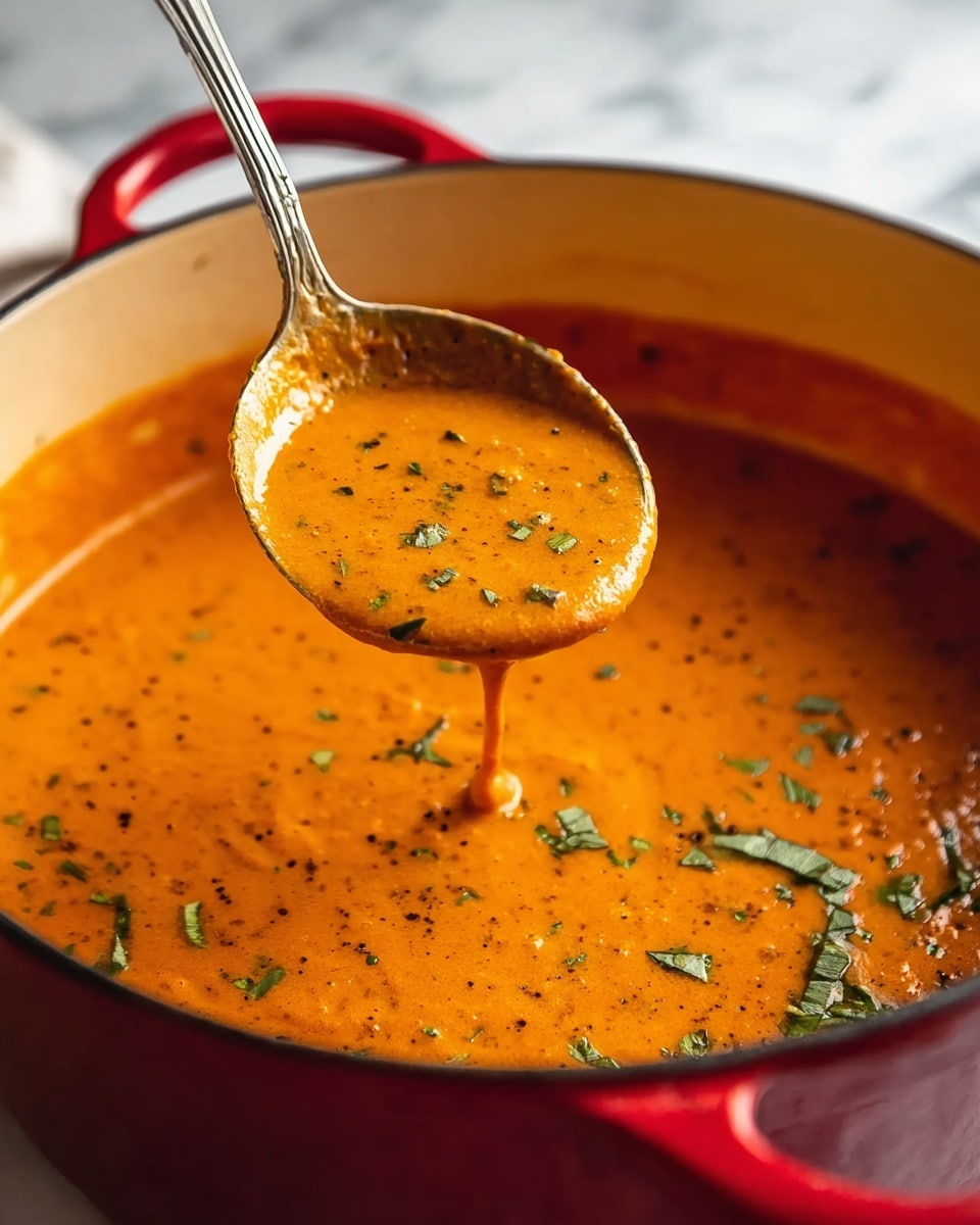 A close-up of a red cooking pot filled with thick orange sauce that has black specks and green herbs mixed in. A spoon lifting some sauce shows its creamy texture with small chunks of herbs floating inside. The pot sits on a white marbled surface with a blurred background. photo taken with an iphone --ar 4:5 --v 7