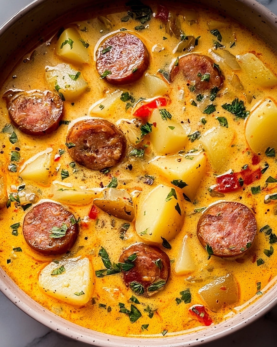 The image shows a creamy soup with slices of browned sausage and chunks of soft potatoes floating in an orange-yellow broth. Small bits of green herbs are scattered on top, adding color and freshness. The sausage pieces are round, placed evenly throughout the dish, while the potato pieces are irregularly shaped and mixed well within the soup. The texture looks rich and smooth, with visible seasoning specks and small pieces of red pepper. The whole dish appears warm and inviting, resting on a surface with a white marbled texture photo taken with an iphone --ar 4:5 --v 7