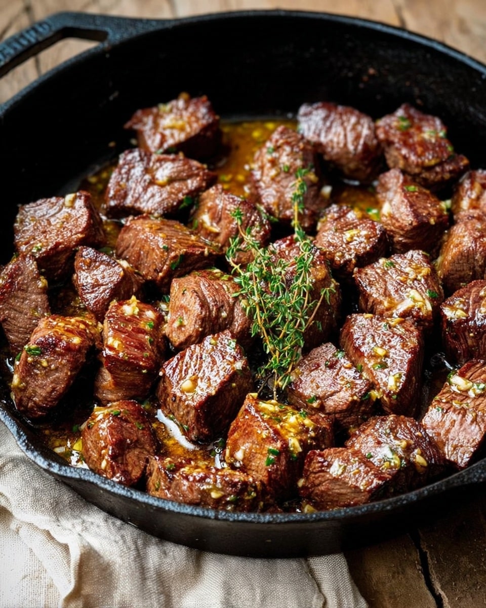 A black pan filled with pieces of dark brown cooked meat, each piece showing a seared texture with a shiny glaze of golden sauce that has small bits of garlic and green herbs scattered on and around the meat. The pieces are irregular but chunky, sitting closely together in the sauce. The pan is placed on a wooden surface with some sprigs of green herbs blurred in the background. photo taken with an iphone --ar 4:5 --v 7