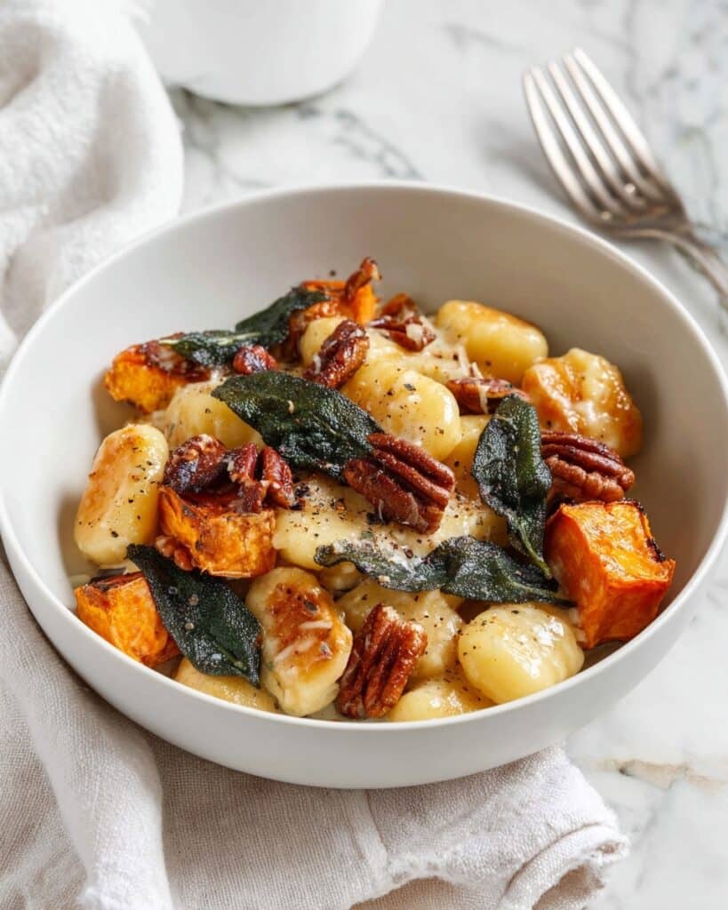 Pumpkin Gnocchi Bake with Blue Cheese, Pecans, and Crispy Sage Recipe
