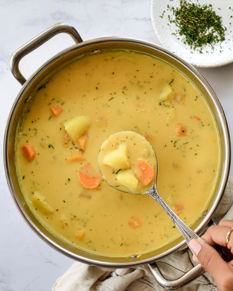 A large silver pot filled with thick, creamy yellow soup with visible chunks of orange carrots and pale yellow potatoes, sprinkled with small green herb pieces throughout; a silver ladle is lifting a scoop of the soup, held by a woman's hand, against a white marbled surface background with a white plate with green herbs in the upper right corner; photo taken with an iphone --ar 4:5 --v 7