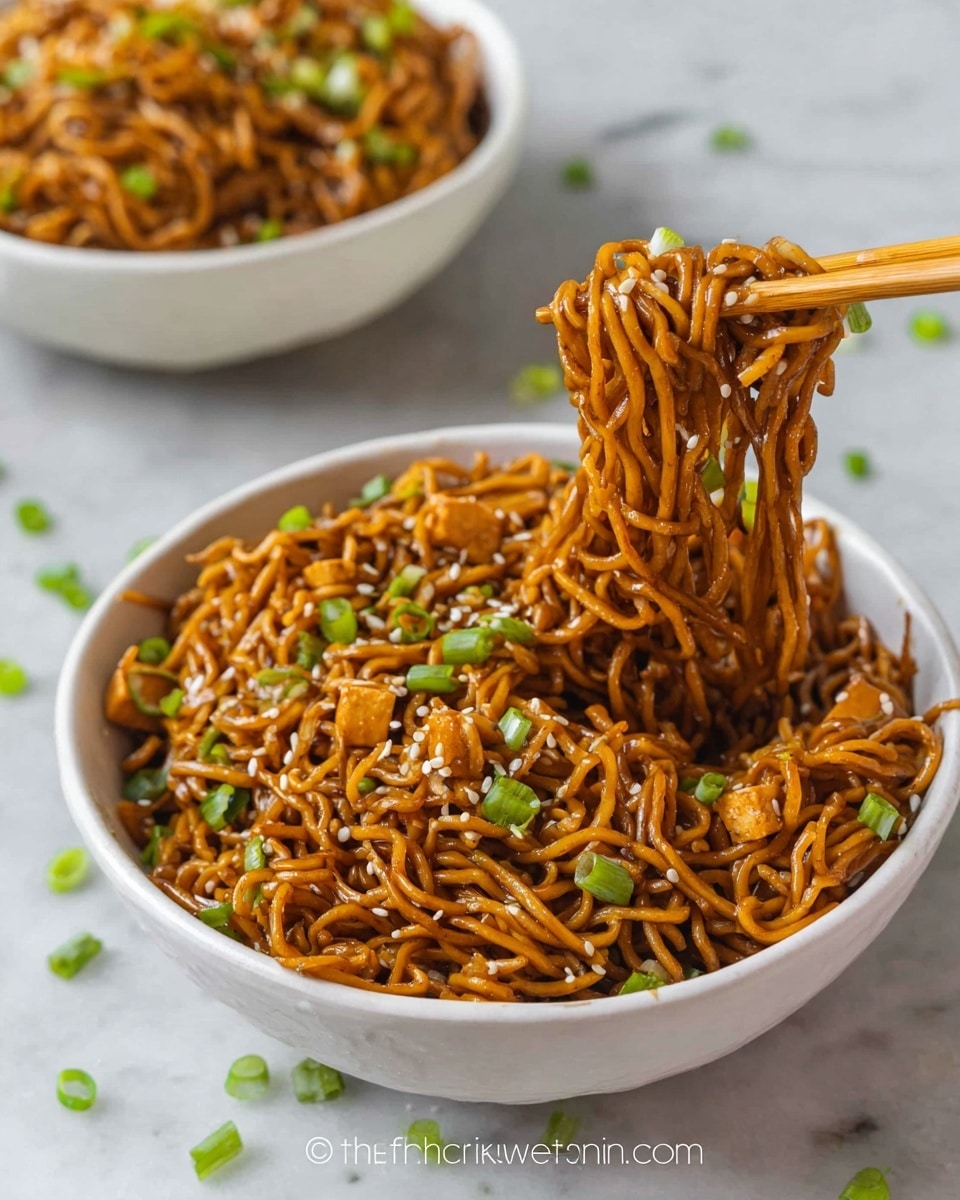 A close-up view of cooked noodles mixed with small brown sauce-coated tofu cubes in a pan. The noodles are thin and curly, with a shiny dark brown glaze that covers them evenly. The tofu pieces are scattered throughout, showing smooth textures and a slightly lighter brown shade than the noodles. The background is blurred, focusing on the noodles and tofu, with a white marbled texture underneath barely visible. The image has warm tones highlighting the glistening sauce and the soft texture of the food. Photo taken with an iphone --ar 4:5 --v 7