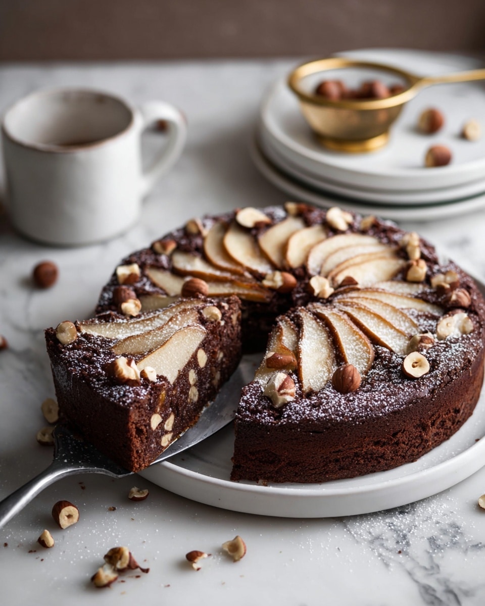 A dark brown chocolate cake with one slice lifted by a silver spatula, showing a dense texture inside. The cake has thinly sliced light brown pears arranged in a fan shape on top, scattered with whole and chopped hazelnuts, and a light dusting of powdered sugar. The cake sits on a white plate on a white marbled surface. In the background, there is a white mug and a small white bowl with a gold strainer inside, on a stacked white plate. Some hazelnuts and powdered sugar are scattered on the surface around the plate. Photo taken with an iphone --ar 4:5 --v 7