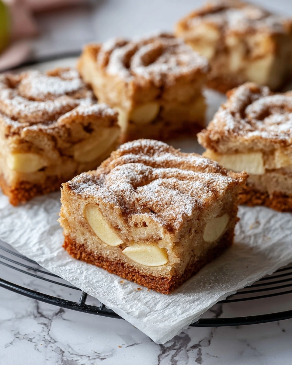 The image shows several square pieces of apple cinnamon cake arranged on white parchment paper placed on a black cooling rack, which rests on a white marbled surface. Each piece has three visible layers: the bottom layer is a dense brown cake, the middle layer is packed with light beige apple slices, and the top layer is a swirled mix of cinnamon and sugar dusted with powdered sugar, giving a slightly rough texture with a light dusting of white. The apple slices in the middle layer are tightly packed and slightly shiny from the cinnamon-spiced sugar. The overall look is warm, soft, and moist with a fine dusting of powdered sugar on top. Photo taken with an iphone --ar 4:5 --v 7
