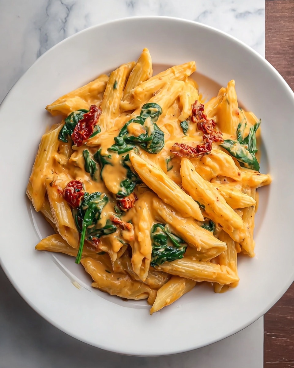 The image shows a close-up of creamy penne pasta mixed with wilted spinach and pieces of sun-dried tomatoes. The creamy sauce is light yellow, coating the pasta evenly, with soft green spinach leaves and deep red sun-dried tomato chunks scattered throughout the dish. The penne pasta has ridged texture, and the sauce looks smooth and rich, filling the hollows of the pasta. The whole dish is placed on a white marbled surface. photo taken with an iphone --ar 4:5 --v 7