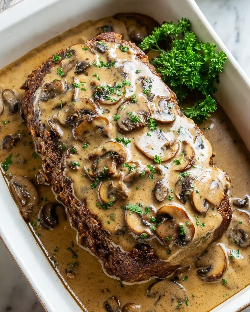 A single brown, well-cooked meatloaf sits in a white rectangular baking dish, covered with a thick, creamy light brown mushroom sauce filled with whole sliced mushrooms evenly spread on top and around the meatloaf. At the back of the dish, a small bunch of fresh green parsley is present, adding a splash of color. The whole scene rests on a white marbled surface. Photo taken with an iphone --ar 4:5 --v 7