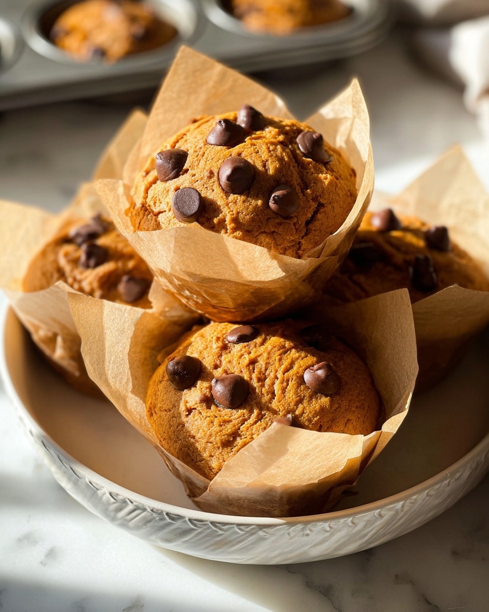 A close-up of a small, single-layer chocolate chip muffin with a soft, crumbly brown texture, broken open to reveal melted dark chocolate chips inside and on top. The muffin sits on a piece of light beige parchment paper on a round plate with a white marbled texture. In the background, there is a metal baking tray with two more muffins wrapped in parchment paper, slightly blurry. Soft natural light highlights the muffin’s texture and chocolate chips. Photo taken with an iphone --ar 4:5 --v 7