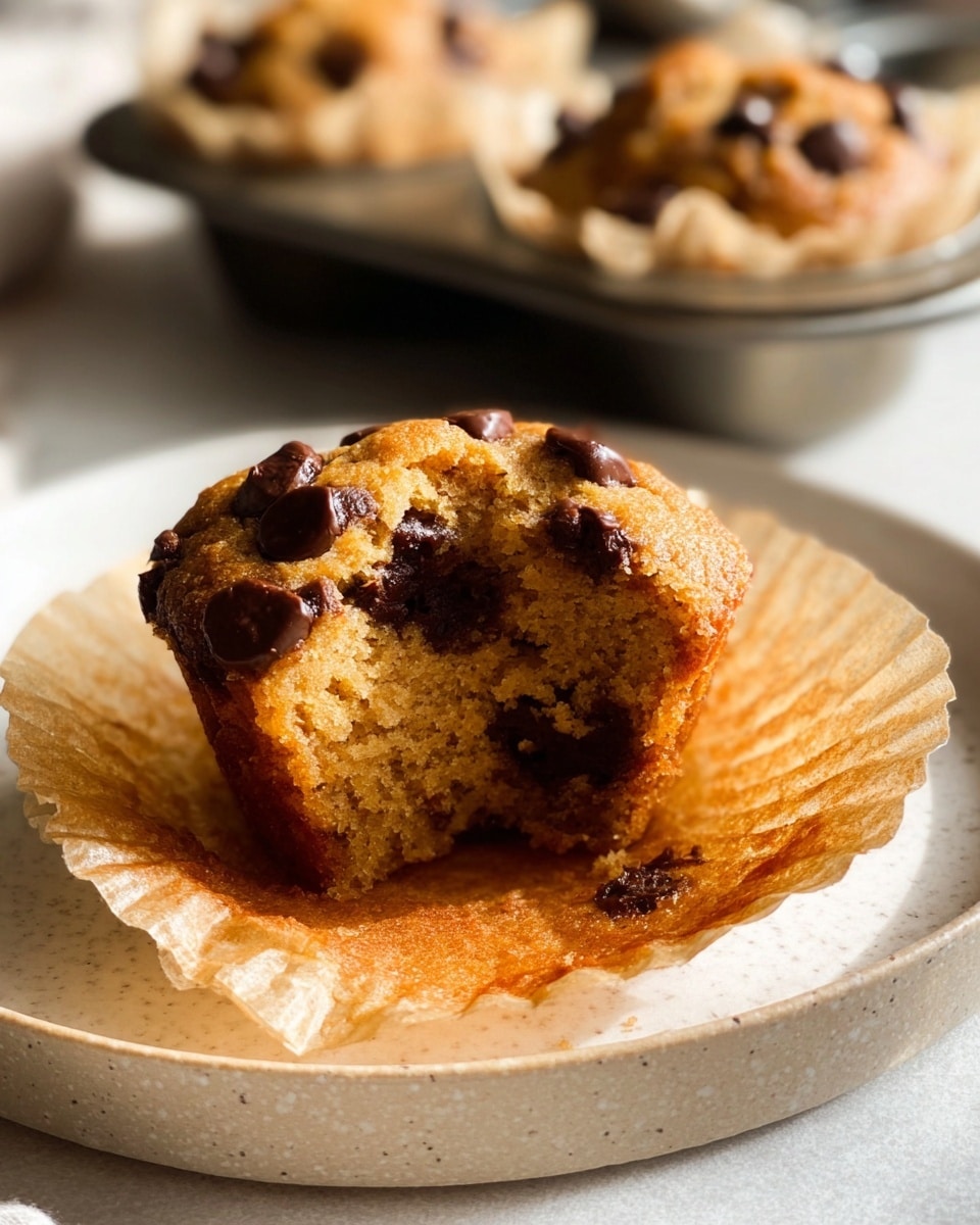 The image shows a close-up of six golden brown muffins in a silver metal muffin tray, each muffin wrapped in light beige parchment paper. The muffins have a slightly cracked top with large, dark brown chocolate chips scattered on the surface. The tray sits on a white marbled surface with bright sunlight highlighting the texture of the muffins, making the chocolate chips shine slightly. photo taken with an iphone --ar 4:5 --v 7