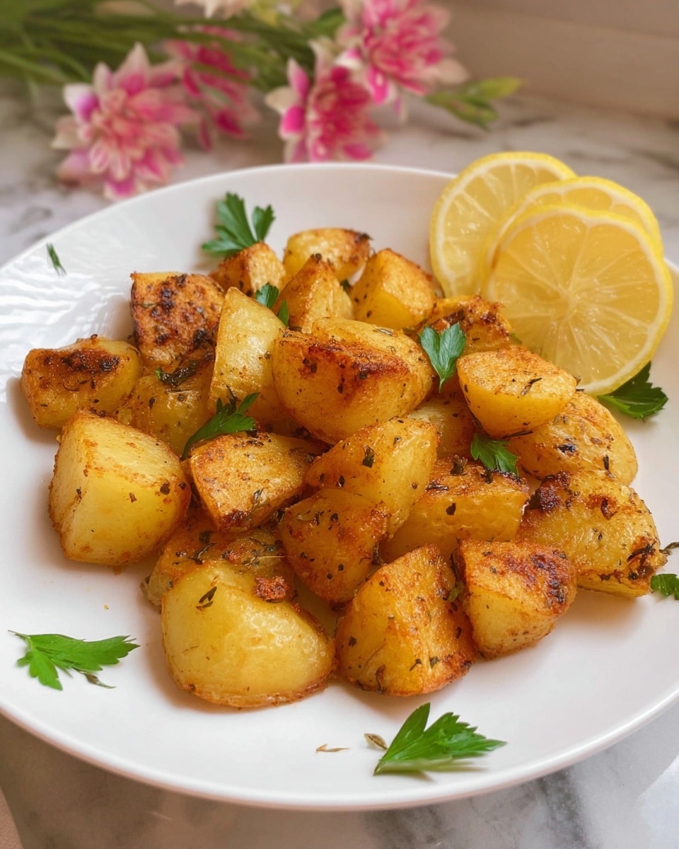 A white plate sits on a white marbled surface, filled with golden roasted potato pieces that have a crispy, slightly browned exterior and a soft, textured inside. The potatoes are cut into medium-sized irregular chunks and sprinkled with small green herb leaves. Two lemon wedges with bright yellow skin and juicy interiors are placed near the edge of the plate. In the background, a white towel with yellow stripes is partially visible, alongside soft peach-colored flowers and green leaves, adding a delicate touch. Photo taken with an iphone --ar 4:5 --v 7