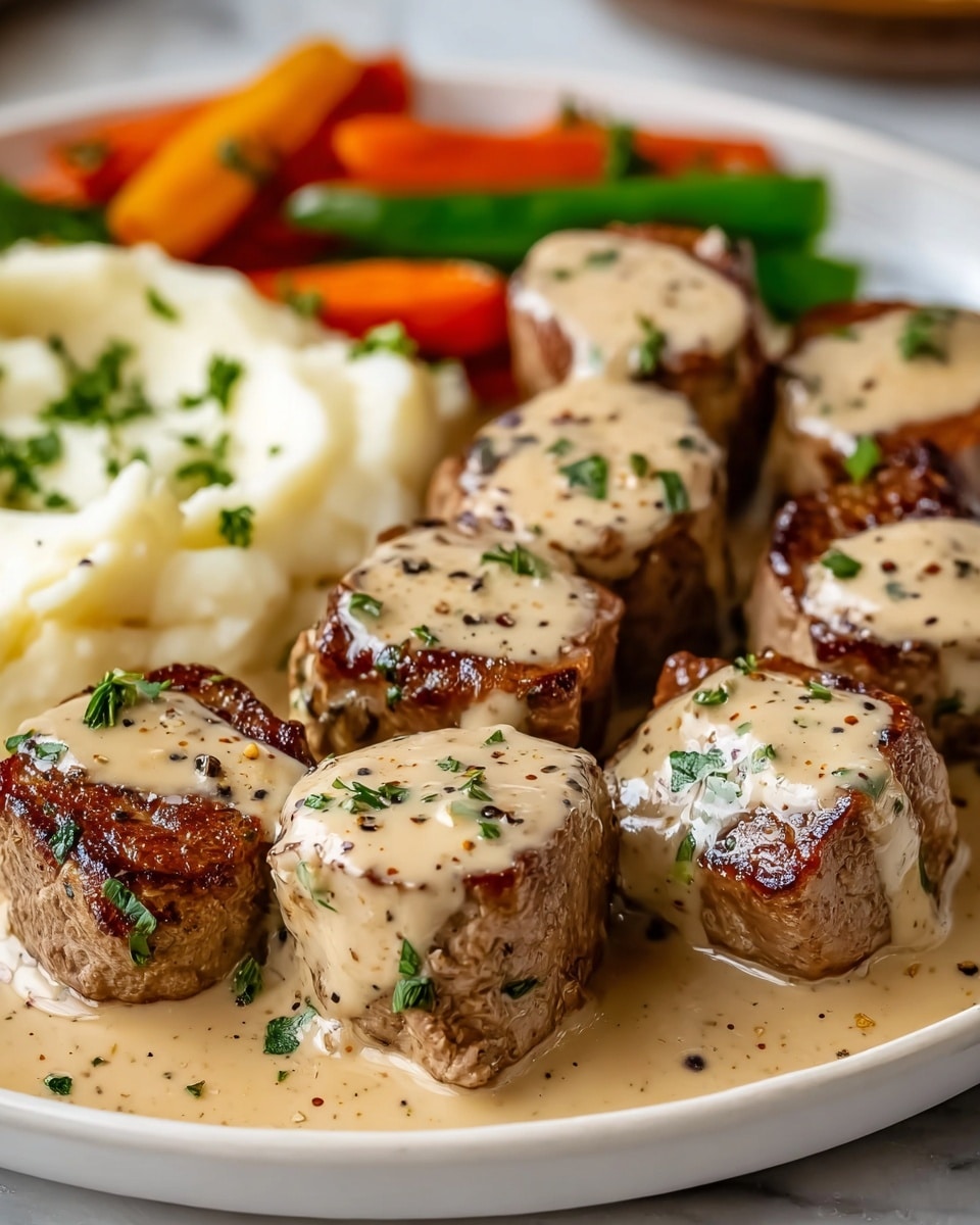 On a white plate placed on a white marbled surface, there are several small, round meat pieces, each topped with a creamy light brown sauce speckled with black pepper and green herbs. The meat is browned on the edges and arranged close together in the foreground. On the left side of the plate, there is a serving of smooth white mashed potatoes with small green herbs sprinkled on top. In the background, some blurred cooked vegetables like orange carrots and green pieces create a colorful contrast. The overall image is bright and clear, showcasing the textures and colors in detail photo taken with an iphone --ar 4:5 --v 7