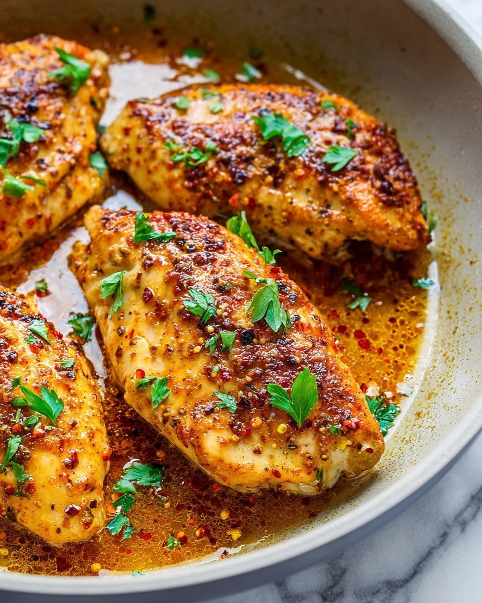 The image shows a close-up of three pieces of cooked chicken on a pan, each coated with a golden-brown crust and small bits of spices. The chicken pieces are covered with small green parsley leaves, adding a fresh touch. The cooking liquid around the chicken is shiny and has reddish-orange specks from the spices, creating a glossy texture on the surface. The pan is light gray with a smooth texture, and the background is a white marbled surface. photo taken with an iphone --ar 4:5 --v 7