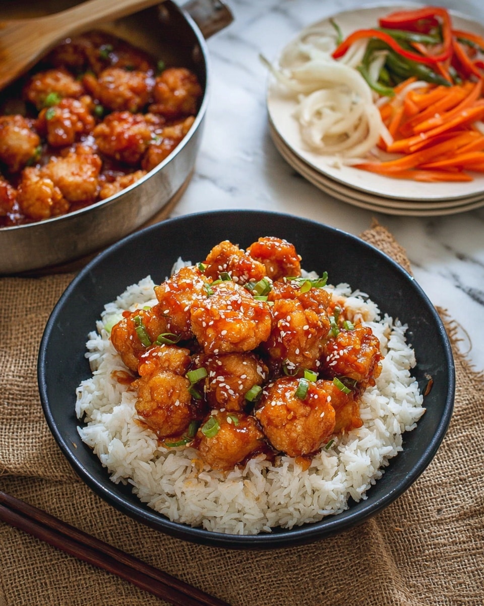The image shows a black bowl filled with two layers: the bottom layer is white steamed rice with a soft, fluffy texture, and the top layer is a pile of golden-brown fried chicken pieces coated in a shiny, thick orange sauce. The chicken pieces are irregularly shaped with a crispy surface, glazed in the sauce that looks sticky and glossy, sprinkled with small white sesame seeds and a few green onion bits. The bowl is placed on a coarse textured surface, and chopsticks rest in the background. Photo taken with an iphone --ar 4:5 --v 7