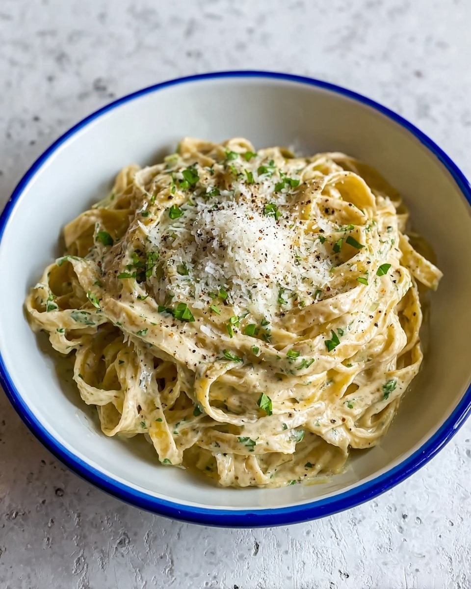 A white bowl with a green rim holds a serving of creamy fettuccine pasta. The pasta is thick and coated evenly with a pale yellow sauce mixed with small green herb flakes. A heap of finely grated white cheese is placed in the center on top of the pasta, surrounded by light sprinkles of black pepper. The bowl rests on a white marbled surface. photo taken with an iphone --ar 4:5 --v 7