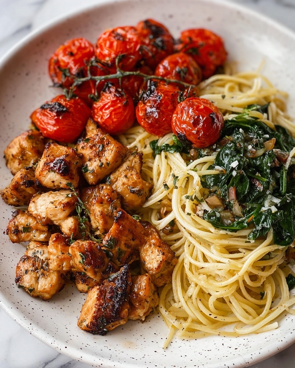 The dish shows a white plate filled with three main layers: at the bottom right, there's a layer of light yellow spaghetti mixed with dark green leafy vegetables; beside it on the left, there is a pile of golden brown seasoned chicken pieces with visible herbs and small bits of garlic; at the top, a cluster of shiny, roasted red cherry tomatoes with some dark charred spots. The white plate has small black speckles, and all the food is arranged closely together, with a white marbled surface underneath. photo taken with an iphone --ar 4:5 --v 7