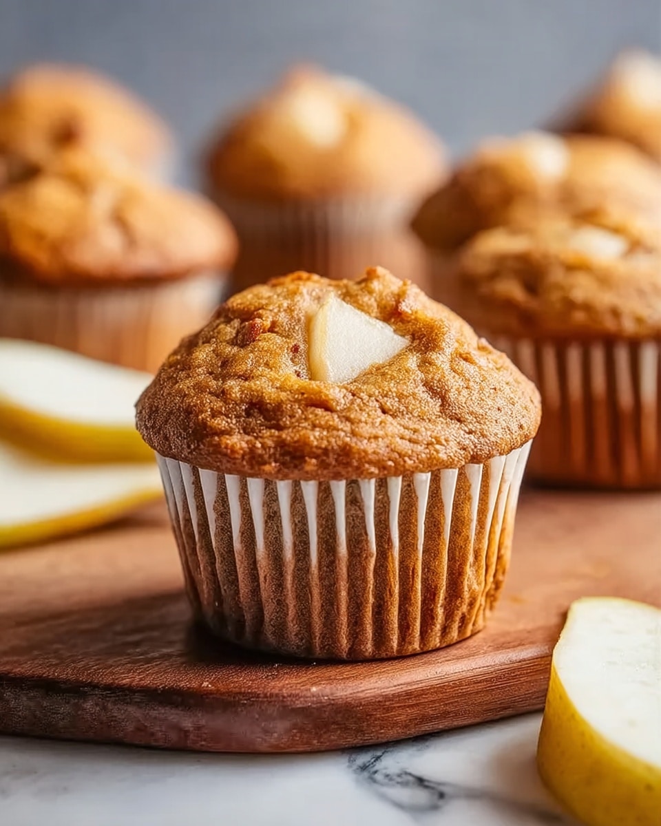 A close-up of a light brown muffin with a soft, slightly cracked top showing a small piece of baked pear embedded in the center. The muffin has a paper liner with vertical white and brown stripes and a textured, moist surface. More muffins are blurred in the background on a wooden board, surrounded by fresh pear slices with smooth, light yellow skin and white flesh. The setting uses a white marbled texture underneath with soft, natural light highlighting the warm colors. The photo taken with an iphone --ar 4:5 --v 7