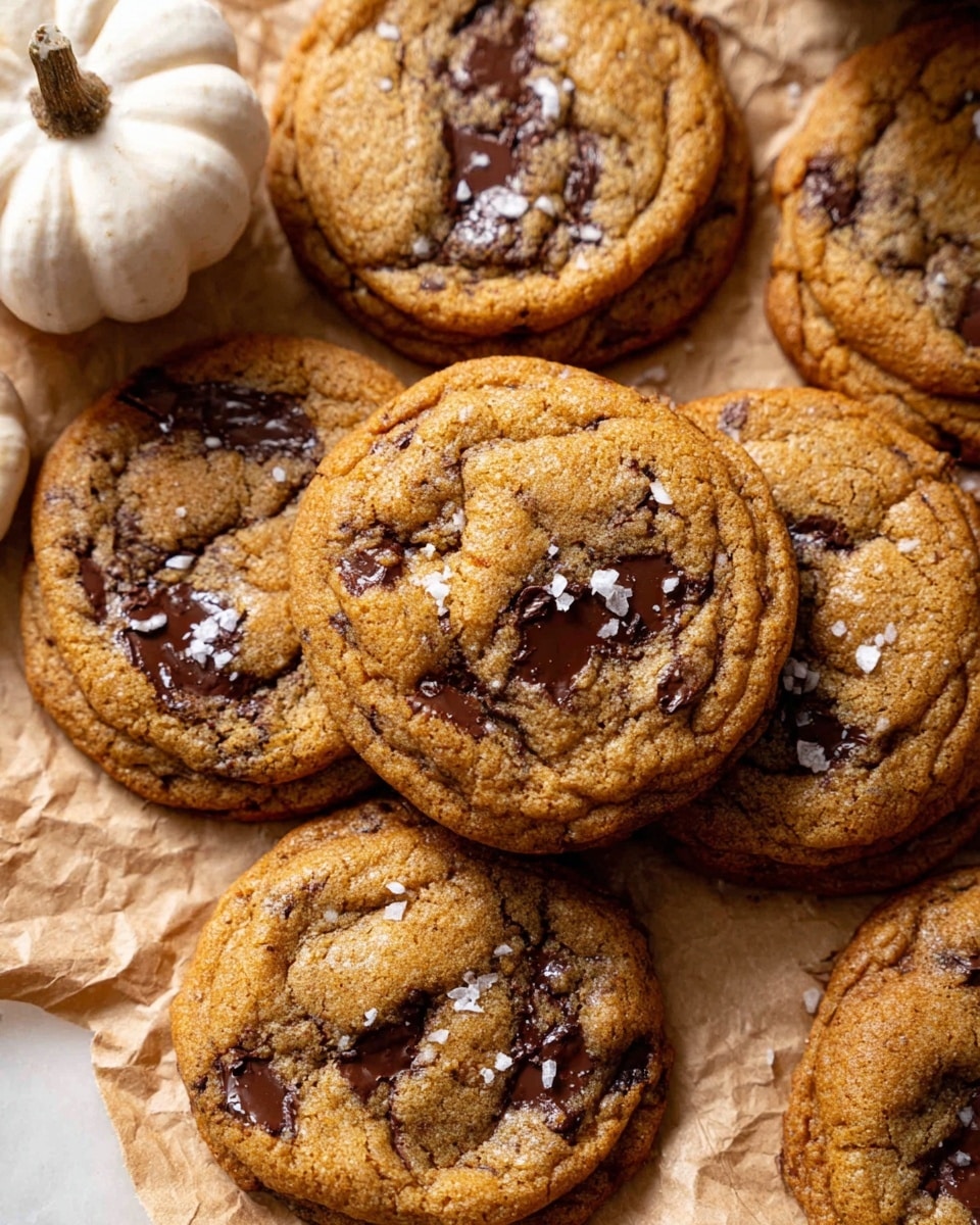 The image shows two golden-brown chocolate chip cookies on white crinkled parchment paper with a white marbled surface beneath. The front cookie has a bite taken out of it, revealing a soft inside filled with melted dark chocolate chunks. The cookie surface is textured with little cracks and sprinkled with coarse salt flakes, adding a contrast of white dots on the warm brown cookie. Crumbs are scattered around the cookies, giving a fresh and homemade feel. Photo taken with an iphone --ar 4:5 --v 7