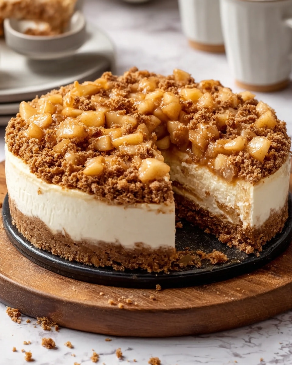 A round creamy cake with three layers sits on a wooden board over a white marbled surface. The bottom layer is a crumbly light brown crust. Above that is a thick, smooth, white cream layer, topped with a layer of small, golden brown crumb pieces mixed with soft, light beige apple chunks. A slice is missing, showing the inside layers clearly with some crumbs scattered inside the empty space. The background features a blurred red apple, a white pot with a green plant, and a white bowl with a wooden tray. Photo taken with an iphone --ar 4:5 --v 7