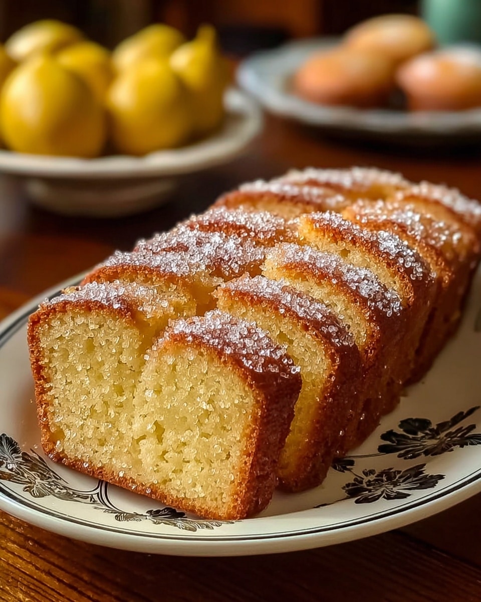 A rectangular cake sliced into eight pieces is shown on a white plate with a green leafy pattern. The cake has a golden brown crust with a sugar coating on top, giving it a slightly sparkling texture. The inside of the cake is light yellow and looks soft and moist. The background is blurred but shows a white plate with a yellow fruit on a white marbled surface. Photo taken with an iphone --ar 4:5 --v 7