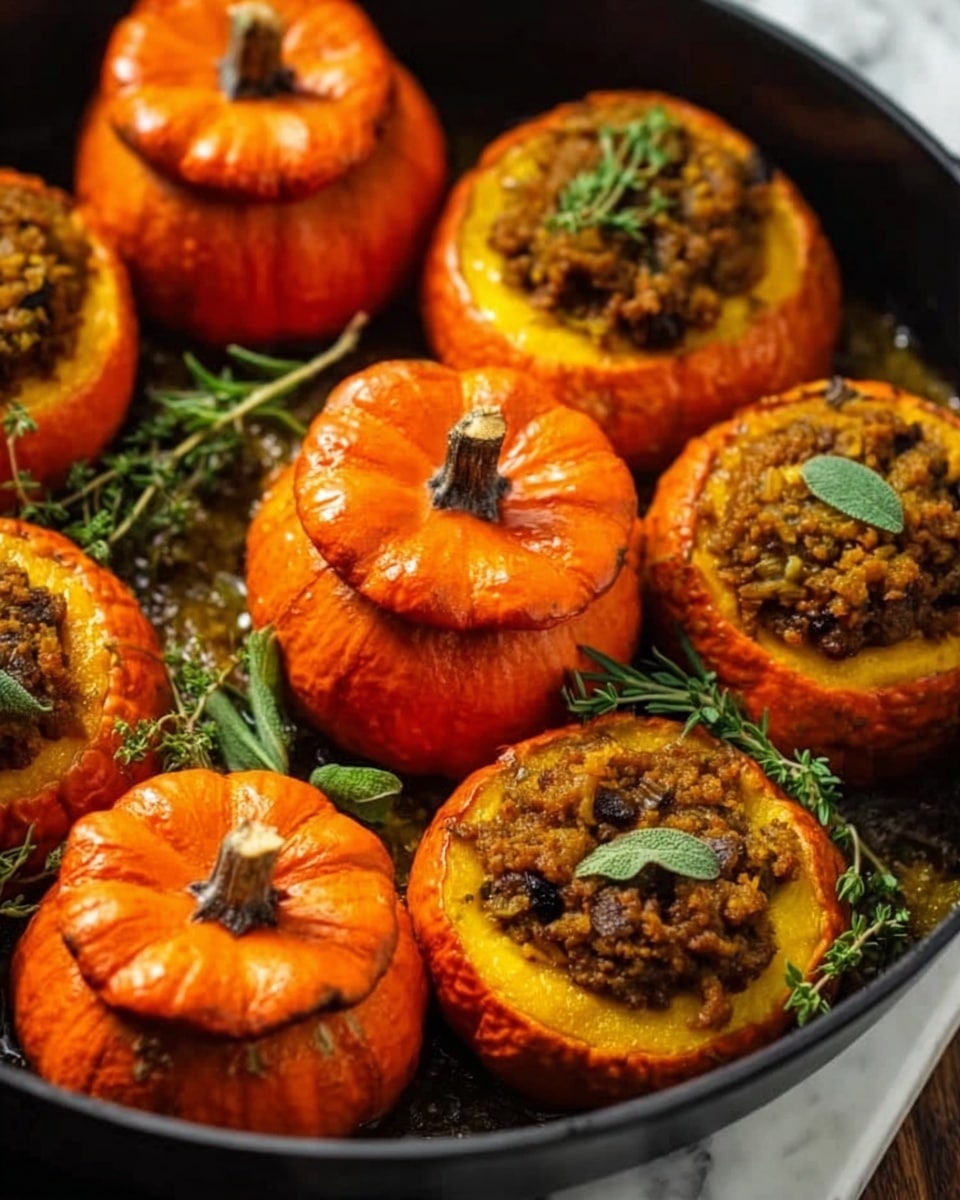 The image shows small orange pumpkins filled with a cooked mixture that looks soft and chunky, creating a rough texture on the top layer. Each pumpkin has a matching orange lid placed slightly tilted on top, revealing the filled inside. The pumpkins are arranged in a black pan with a glossy surface, and some green herbs are scattered around them. The background features a white wicker basket filled with more of the same small orange pumpkins, all set against a white marbled surface. A golden spoon lifts one filled pumpkin, emphasizing the texture and color contrast between the shiny pumpkin skin and the warm filling inside. Photo taken with an iphone --ar 4:5 --v 7
