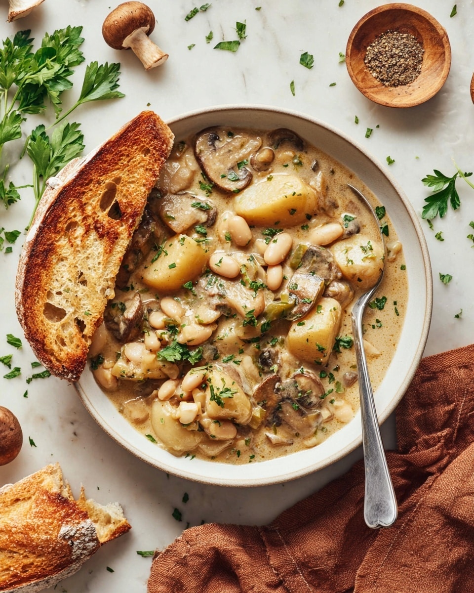 A white bowl filled with a creamy stew that shows three main layers: large light brown potato pieces, creamy white beans, and sliced brown mushrooms with smooth caps, all immersed in a beige thick sauce. The dish is sprinkled with small green parsley pieces. A silver spoon rests on the right side inside the bowl. On the left edge of the bowl, there is one toasted slice of brown crusty bread with a rough texture. The bowl sits on a white marbled surface with scattered parsley leaves, whole brown mushrooms, a small brown bowl with ground pepper, and a torn piece of bread below. A rust-colored cloth napkin lies under the bowl on the lower right. Photo taken with an iphone --ar 4:5 --v 7